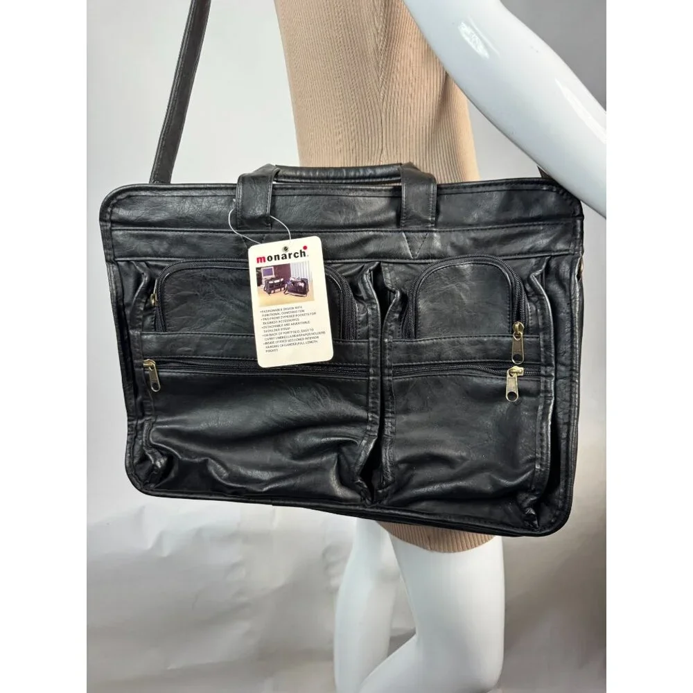 Monarch Black Leather Look Business Briefcase With Multiple Zippered Pockets & A